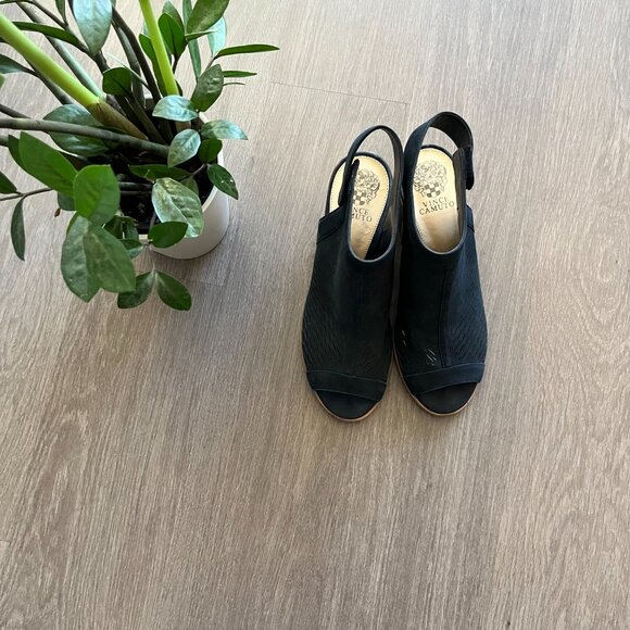 Vince Camuto Navy Suede Open-Toed Sandal with Chunky Heel and Velcro Strap - Picture 5 of 9